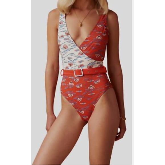 PAOLITA Artemis One Piece High Leg Swimsuit Red/Orange White Belted Womens M - Picture 1 of 13